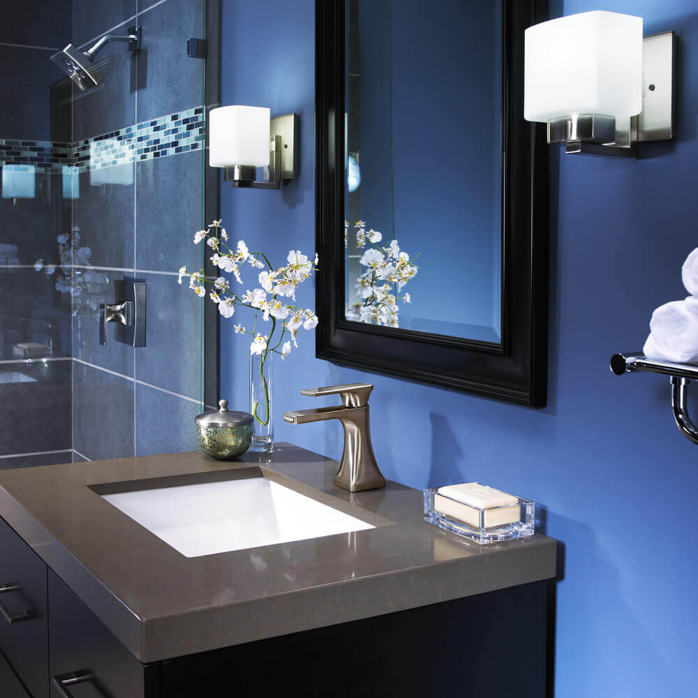 dark blue color walls in a contemporary bathroom contractor advertising ideas