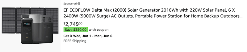 EcoFlow Delta Max 200 with Solar Panels - $350 OFF
