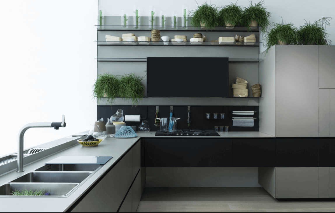 Kitchen integrated with countertops using Fenix NTM material