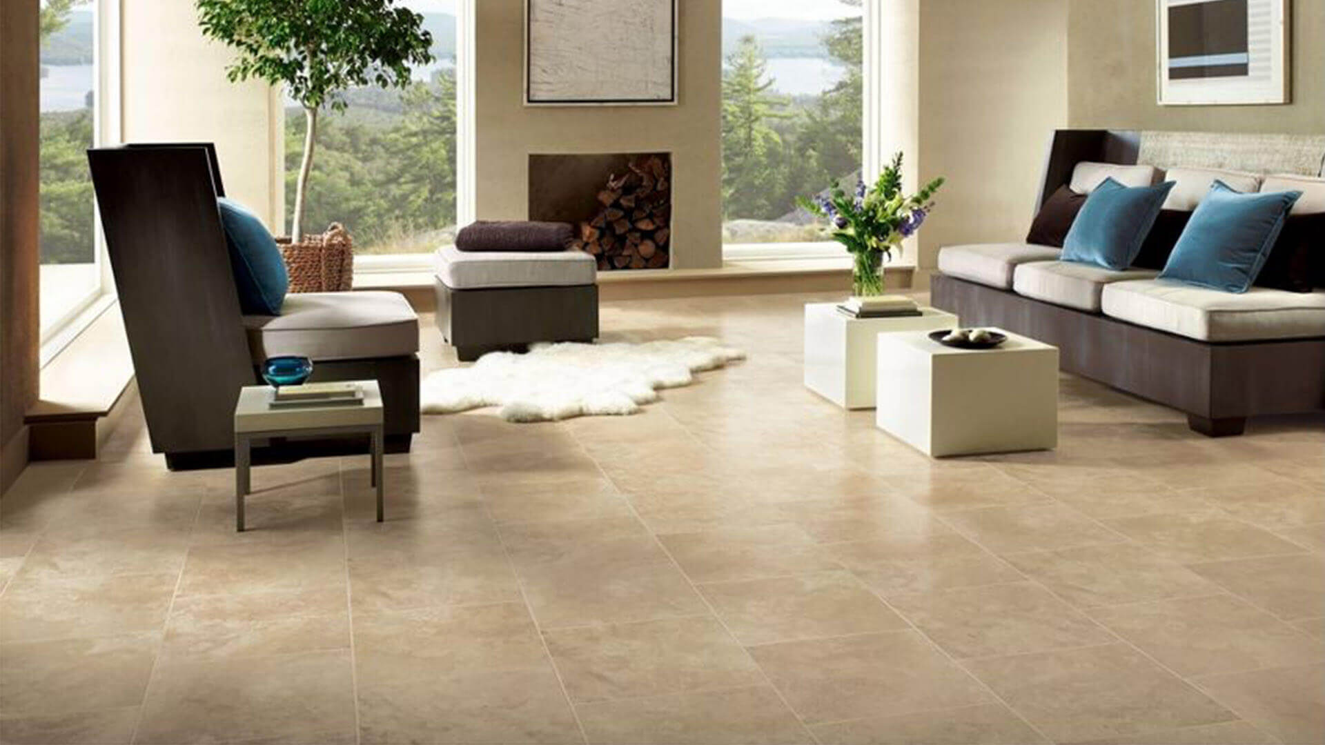 Travertine Floor Tile in a Living Room – Remodeling Cost Calculator
